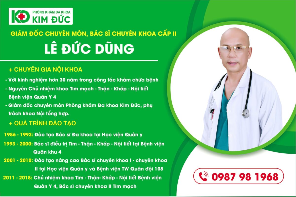 Bác sĩ Chuyên khoa II Lê Đức Dũng tại Phòng khám Đa khoa Kim Đức với hơn 30 năm kinh nghiệm.